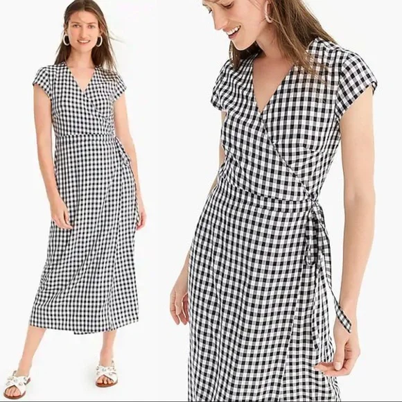 J. CREW Checkered Gingham Cap Sleeve Midi Wrap Dress Sz SP - Picture 1 of 11